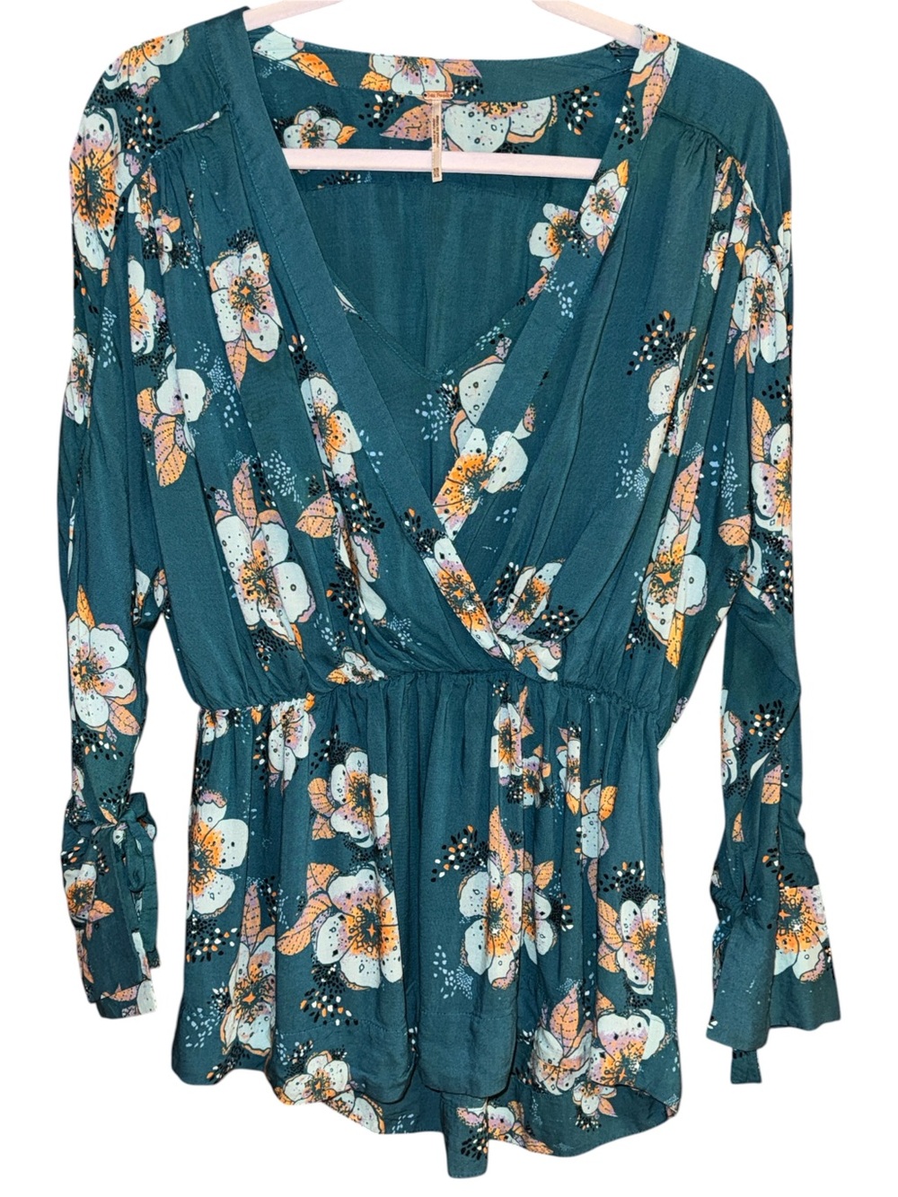 Free People Teal Tuscan Dreams Floral Wrap Peplum Tunic Sz XS